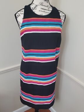 Trina Turk Sleeveless Black Striped Dress with Multi-Color Bands 8 Summer Cruise